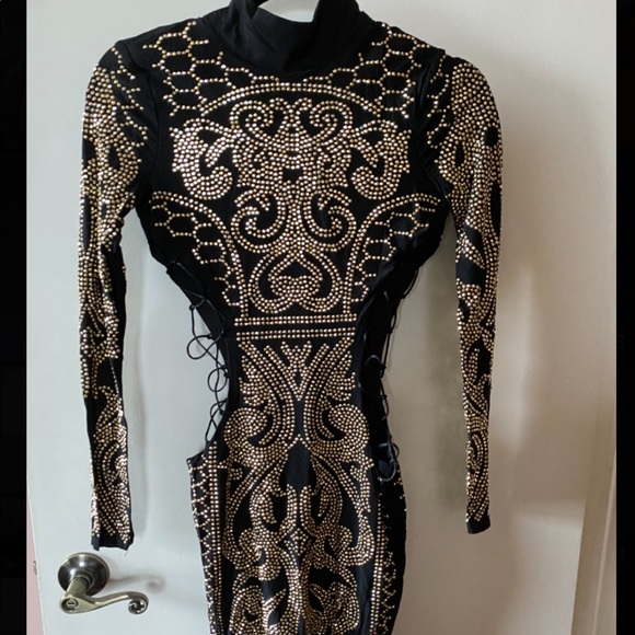 Shiny black lace long sleeve dress S small - Picture 3 of 4